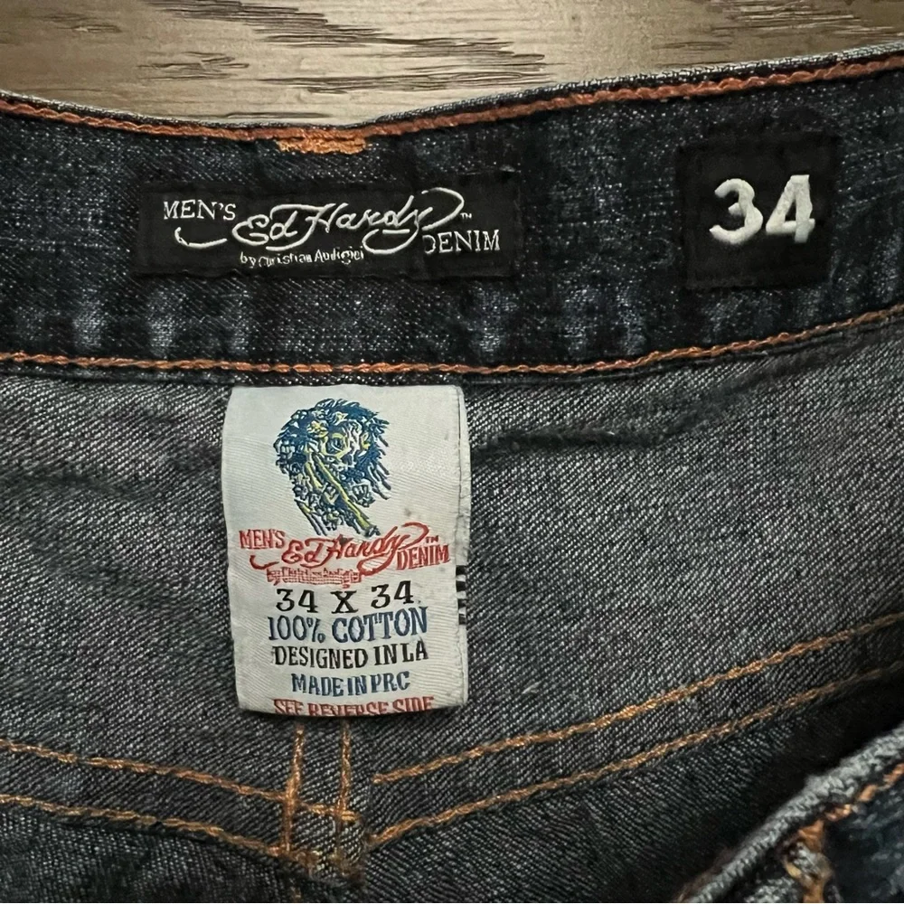 Ed Hardy Embroidered Tiger Hellcat Distressed Denim Blue Jeans size 34 - Picture 7 of 12